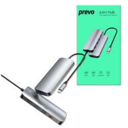 Prevo C501R 4-In-1 USB-C Networking Hub Docking Station with RJ-45 Gigabit Ethernet  60W Passthrough  USB-A USB 3.0  4K HDMI for
