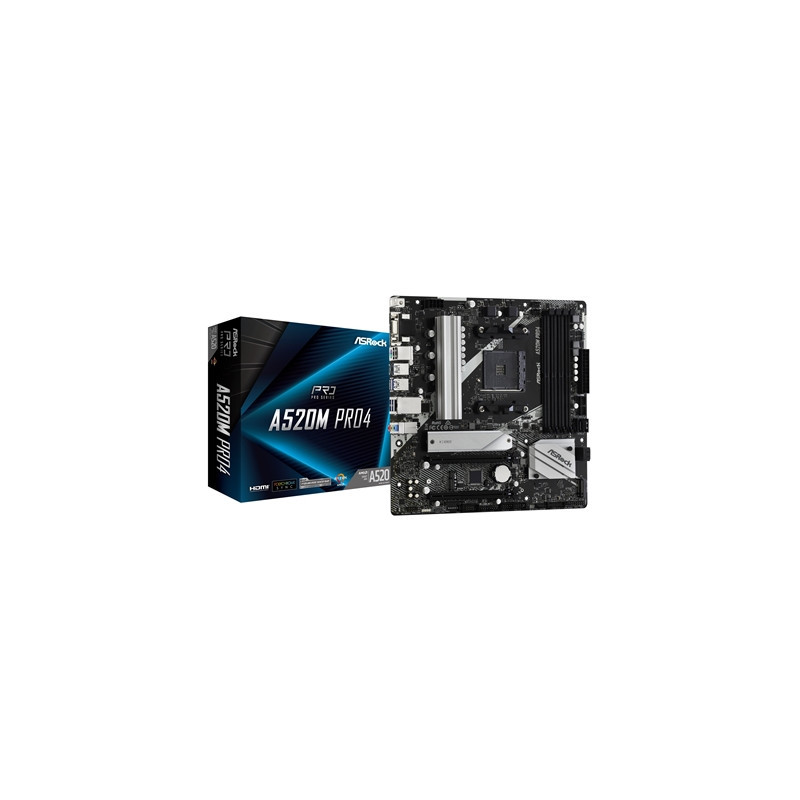 ASRock A520M PRO4 Super Alloy AMD AM4 Socket Motherboard  Micro-ATX  4x DDR4 Slots  1x M.2 Socket  GbE LAN  1x D-Sub / 1x Displa