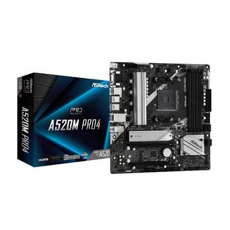 ASRock A520M PRO4 Super Alloy AMD AM4 Socket Motherboard  Micro-ATX  4x DDR4 Slots  1x M.2 Socket  GbE LAN  1x D-Sub / 1x Displa