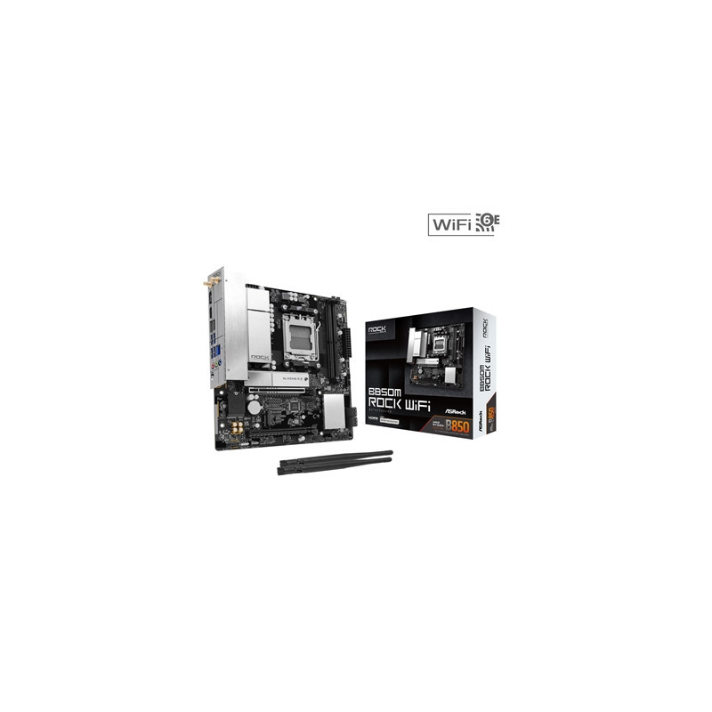 ASRock B850M Rock WiFi AMD AM5 Socket Motherboard  Micro-ATX  2x DDR5 Slots  2x M.2 Socket  Fitted I/O Shield  2.5GbE LAN  Wi-Fi