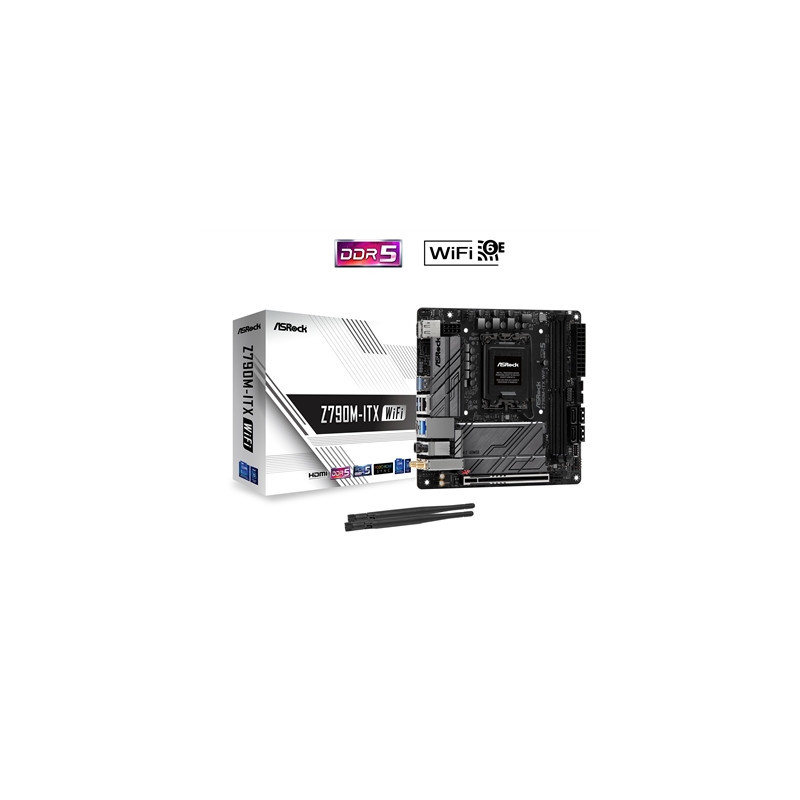 ASRock Z790M-ITX WiFi Intel 1700 Socket Motherboard  Mini-ITX  2x DDR5 Slots  2x M.2 Sockets  2.5GbE + 1GbE LAN  Wi-Fi 6E  1x Di
