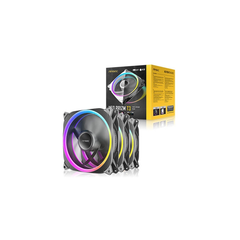 Antec Neo Prizm T3 140 ARGB PWM Case Fan  3 Pack  Hydro Bearing  600-1500 RPM  Black