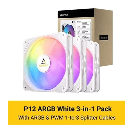Antec P12 ARGB PWM 120mm Fan 3 Pack - 4-Pin  White  High-Airflow Cooling  9-Blade Design with Anti-Vibration Pads