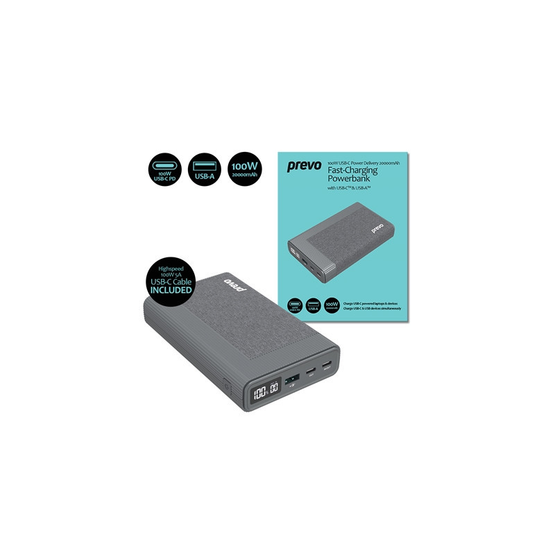Prevo AD10C 100W USB-C Power Delivery PD 20000mAh Portable Fast-Charging Powerbank with Digital Display  Dual USB-C & USB-A with
