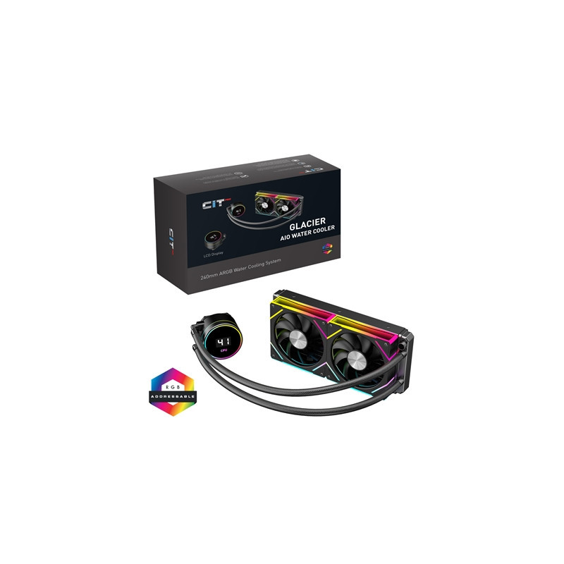 CiT Pro Glacier AIO 240mm Liquid CPU Cooler with ARGB LED Lighting  Dual PWM Fans  and Real-Time Temperature Display - Black
