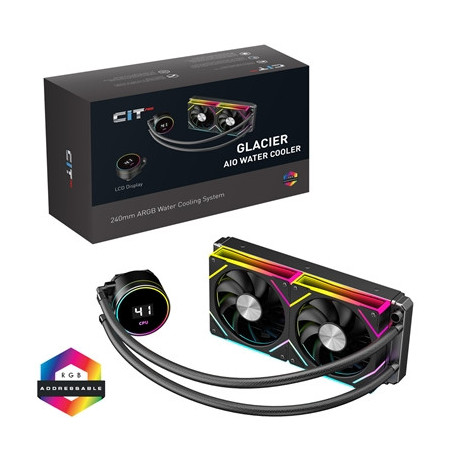 CiT Pro Glacier AIO 240mm Liquid CPU Cooler with ARGB LED Lighting  Dual PWM Fans  and Real-Time Temperature Display - Black