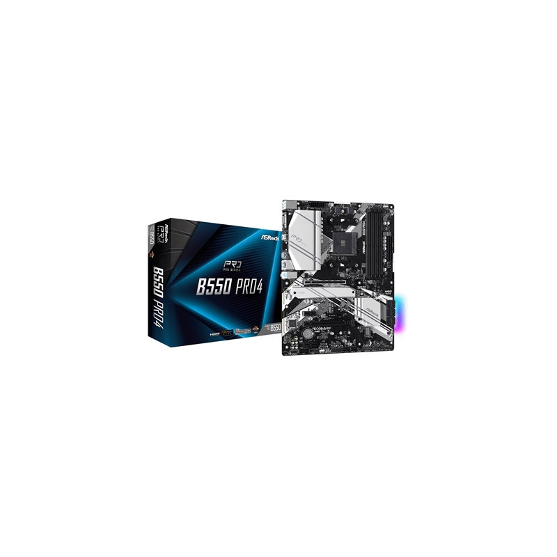 ASRock B550 Pro4 AMD AM4 Socket Motherboard  ATX  4x DDR4 Slots  2x M.2 Sockets  GbE LAN  1x D-Sub / 1x HDMI Port