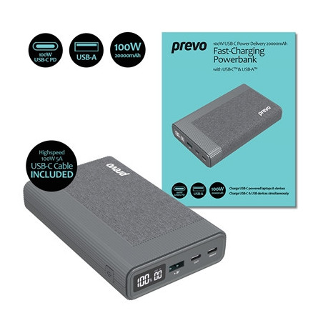 Prevo AD10C 100W USB-C Power Delivery PD 20000mAh Portable Fast-Charging Powerbank with Digital Display  Dual USB-C & USB-A with