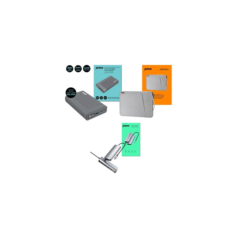 Prevo Business Travel Bundle with 100W Fast Charge 20000mAh Powerbank  4-in-1 USB Hub with Gigabit Ethernet & 15.6-Inch Luxury-L