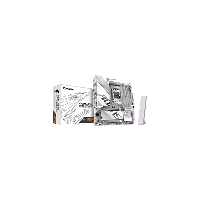 Gigabyte B850M AORUS ELITE WIFI6E ICE AMD AM5 Socket Motherboard  Micro-ATX  4x DDR5 Slots  2x M.2 Sockets  Fitted I/O Shield  2