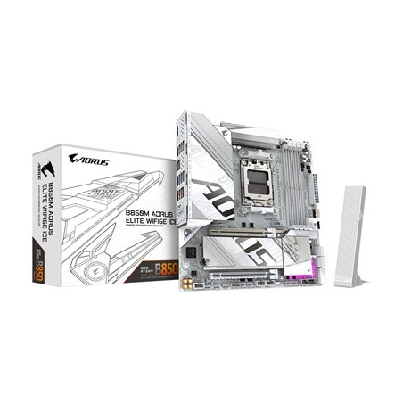 Gigabyte B850M AORUS ELITE WIFI6E ICE AMD AM5 Socket Motherboard  Micro-ATX  4x DDR5 Slots  2x M.2 Sockets  Fitted I/O Shield  2