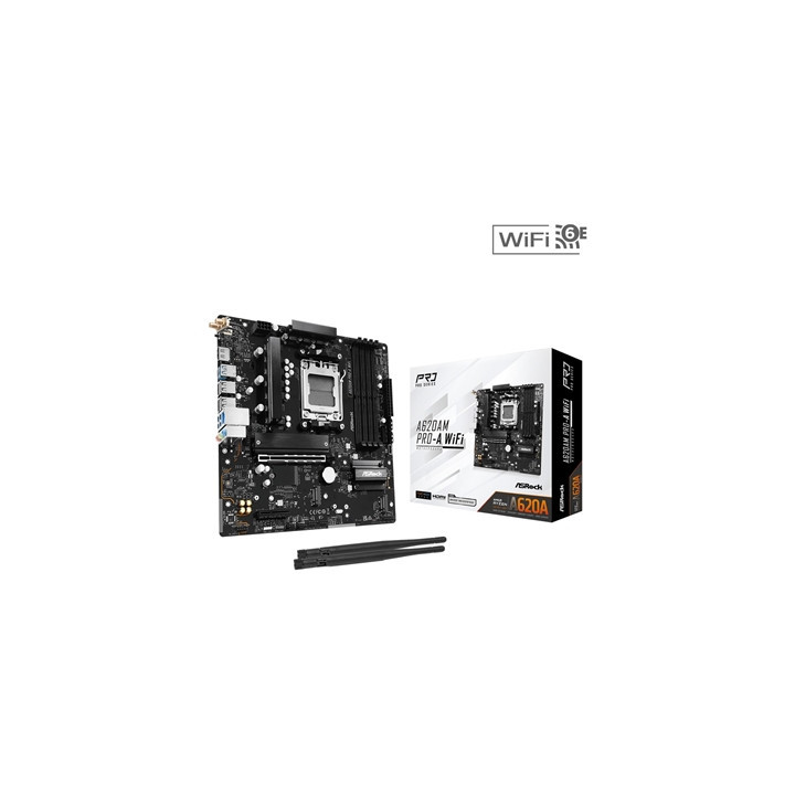 ASRock A620AM PRO-A WIFI AMD AM5 Socket Motherboard  Micro-ATX  4x DDR5 Slots  3x M.2 Sockets  2.5GbE LAN  Wi-Fi 6E  1x HDMI Por