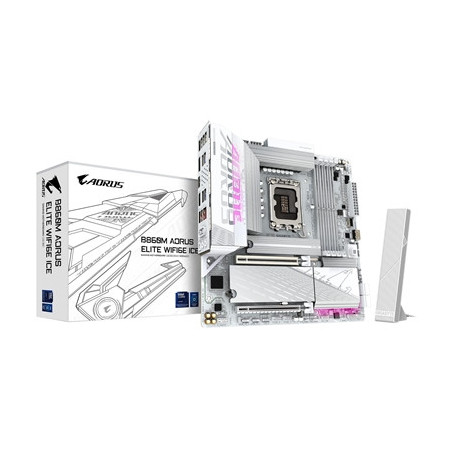 Gigabyte B860M AORUS ELITE WIFI6E ICE Intel 1851 Socket Motherboard  Micro-ATX  4x DDR5 Slots  3x M.2 Sockets  Fitted I/O Shield