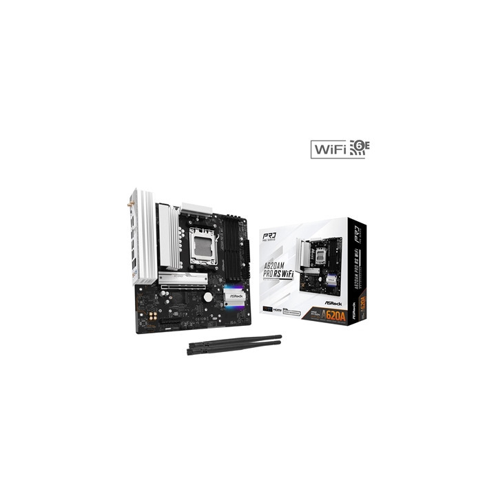 ASRock A620AM Pro RS WiFi AMD AM5 Socket Motherboard  Micro-ATX  4x DDR5 Slots  3x M.2 Sockets  2.5GbE LAN  Wi-Fi 6E  1x HDMI Po