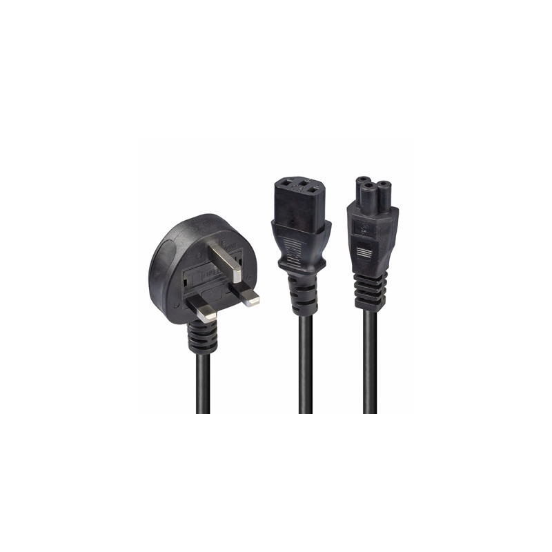 Lindy 30374 2.5m UK 3 Pin Plug To IEC C13 (Kettle) & IEC C5 (Clover) 10 Amp Mains Splitter Extension Cable - Black
