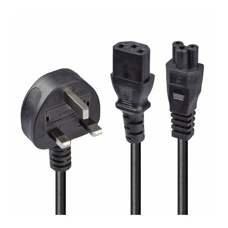 Lindy 30374 2.5m UK 3 Pin Plug To IEC C13 (Kettle) & IEC C5 (Clover) 10 Amp Mains Splitter Extension Cable - Black