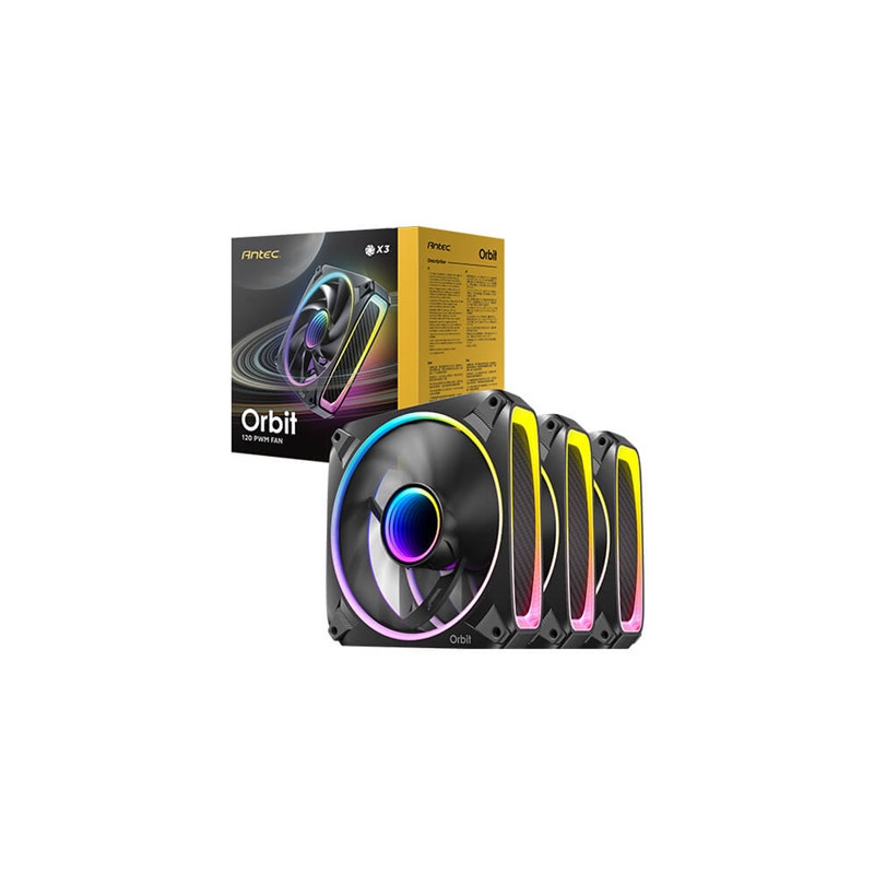 Antec Orbit 120 ARGB 120 mm PWM Fan Triple Pack  - 120 mm x 28 mm  Fluid Dynamic Bearing  200-2000 RPM  66.72 CFM  aRGB Lighting