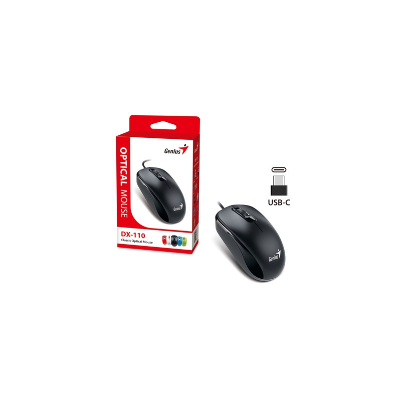 Genius DX-110 Wired USB-Type C Plug and Play Mouse  1000 DPI Optical Tracking  3 Button with Scroll Wheel  Ambidextrous Design w