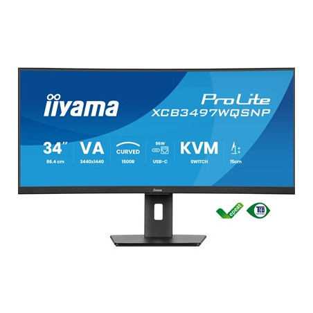 iiyama ProLite Curved Monitor XCB3497WQSNP-B1 34“ VA Ultra-Wide Screen with KVM Switch  LAN  USB-C Dock  0.4ms  120Hz  HDMI  Dis