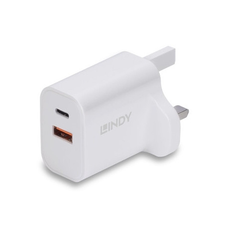 LINDY 73425 30W USB Type A & C Charger UK Plug  3A  Power Delivery 3.0 + PPS  2 Output Connectors (USB  24 pin USB-C)  White