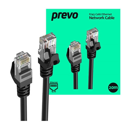 Prevo CAT6-BLK-20M Network Cable  RJ45 (M) to RJ45 (M)  CAT6  20m  Black  Oxygen Free Copper Core  Sturdy PVC Outer Sleeve & Cli