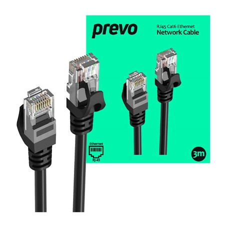 Prevo CAT6-BLK-3M Network Cable  RJ45 (M) to RJ45 (M)  CAT6  3m  Black  Oxygen Free Copper Core  Sturdy PVC Outer Sleeve & Clip 