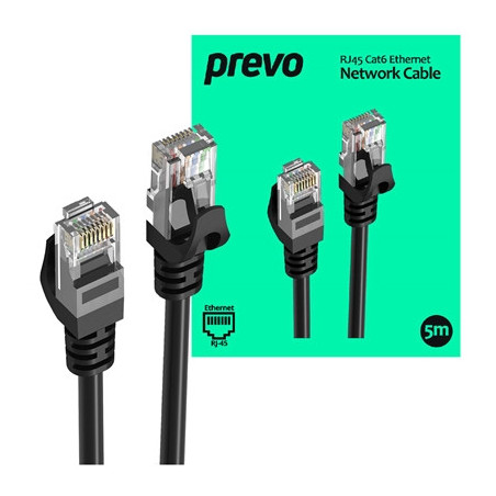 Prevo CAT6-BLK-5M Network Cable  RJ45 (M) to RJ45 (M)  CAT6  5m  Black  Oxygen Free Copper Core  Sturdy PVC Outer Sleeve & Clip 