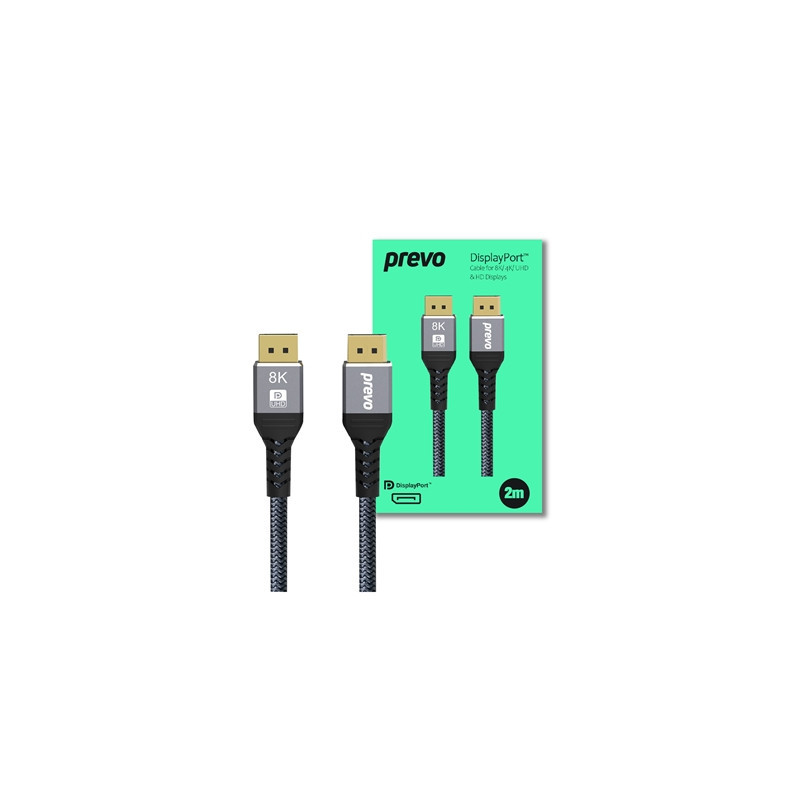Prevo DP14-2M DisplayPort Cable  DisplayPort 1.4 (M) to DisplayPort 1.4 (M)  2m  Black & Grey  Supports Displays up to 8K@60Hz  