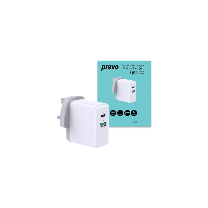 Prevo QC72 65W USB Type-C & USB Type-A Fast Charge Mains Charger with Qualcomm Quick Charge 3.0 and 1.5m 100W USB-C Cable for La