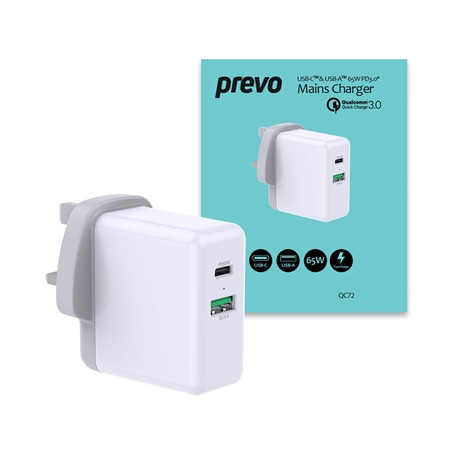 Prevo QC72 65W USB Type-C & USB Type-A Fast Charge Mains Charger with Qualcomm Quick Charge 3.0 and 1.5m 100W USB-C Cable for La