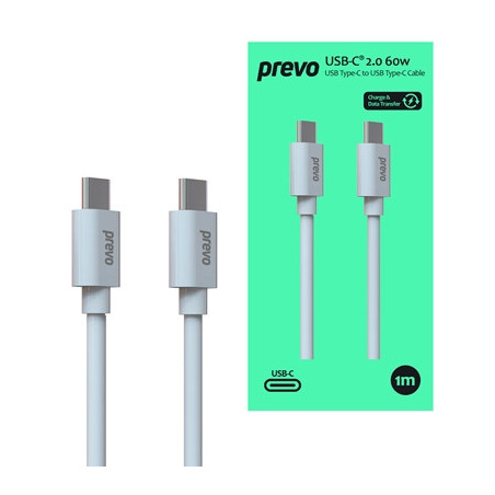 Prevo USB 2.0 60W C to C PVC cable  20V/3A  480Mbps  White  Superior Design & Performance  Retail Box Packaging