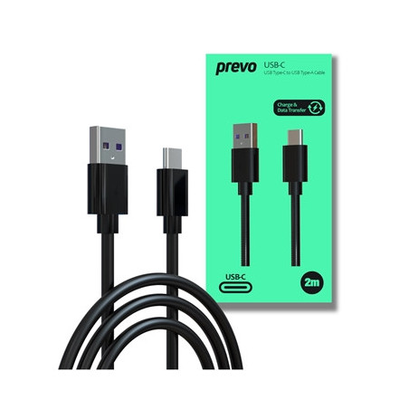 Prevo USBA-USBC-2M Data Cable  USB 2.0 Type-A (M) to USB 2.0 Type-C (M)  2m  Black  Fast Charging up to 2.1A / 5V  Nickel Plated
