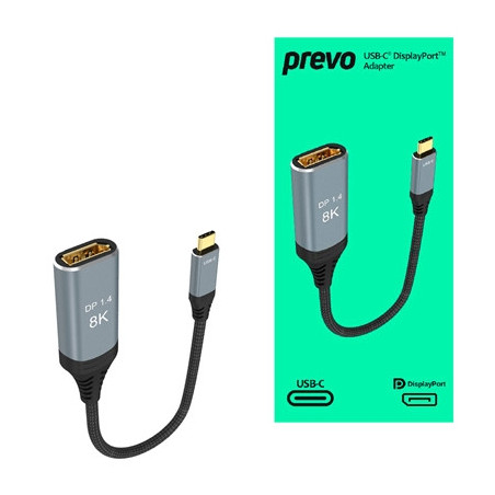 Prevo USBC-DP-ADA Display Converter Adapter  USB Type-C (M) to DisplayPort (F)  0.2m  Black & Silver  DisplayPort 1.4  Supports 