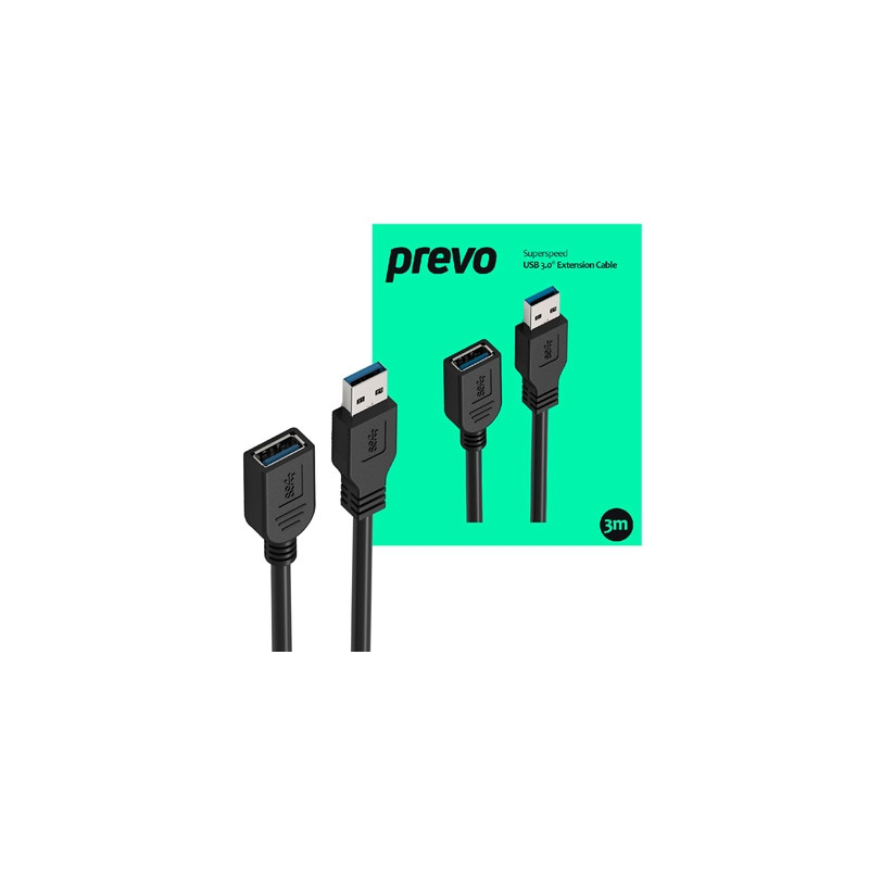Prevo USBM-USBF-3M USB 3.0 Extension Cable  USB 3.0 Type-A (M) to USB Type-A (F)  3m  Black  Up to 5Gbps Transmission Rate  Reta