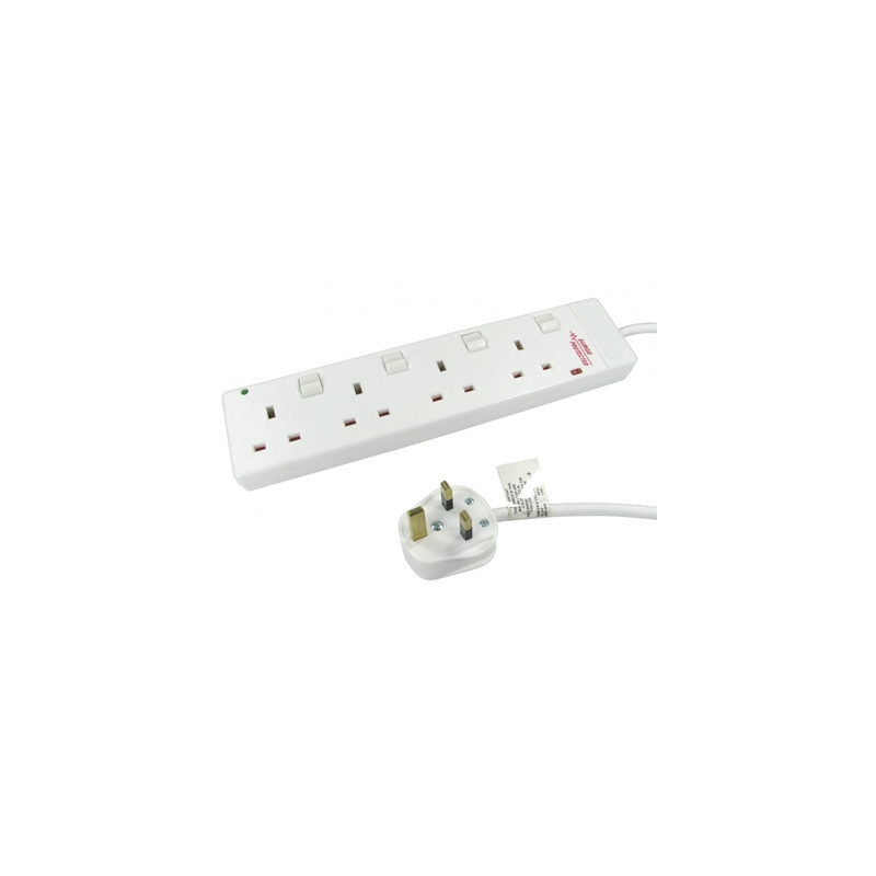 2m 4 Gang Surge Protected LED Indicator Individually Switched UK Mains Extension - White