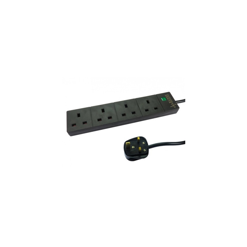 2m 4 Gang Surge Protected LED Indicator UK Mains Extension - Black