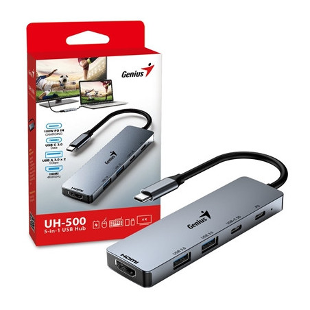 Genius USB Type-C 5-In-1 Hub Docking Station with USB-C 100W Power Delivery  USB-C 3.0  2x USB A 3.0  4K HDMI  PC  Laptop  Table