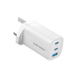 SUMVISION Universal 3 Port USB White Laptop Wall Charger  65W  GaN  Multiport USB Connections with Type-C  USB-A QC 3.0 Fast Cha