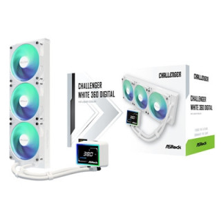 ASRock Challenger 360 Digital White AIO Liquid CPU Cooler  360mm Radiator  Triple 120mm PWM ARGB Fans  3? Digital Display  Intel