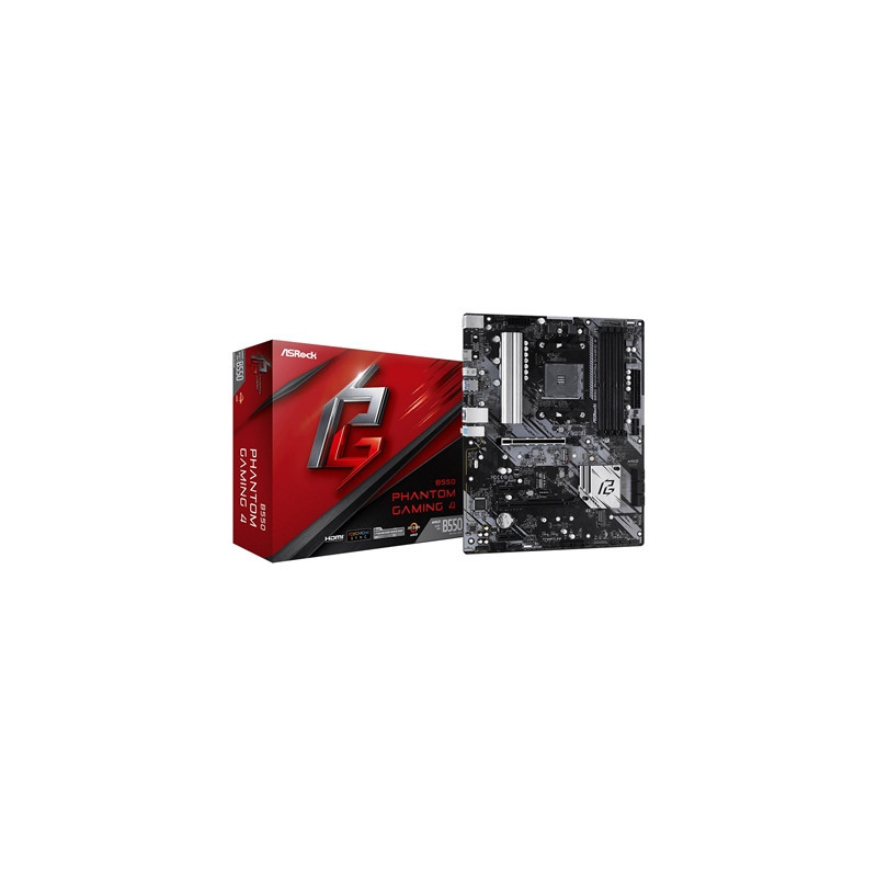ASRock B550 Phantom Gaming 4 Super Alloy AMD AM4 Socket Motherboard  ATX  4x DDR4 Slots  3x M.2 Sockets  GbE LAN  1x HDMI Port