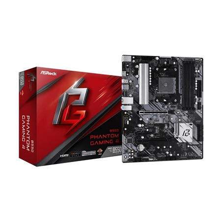 ASRock B550 Phantom Gaming 4 Super Alloy AMD AM4 Socket Motherboard  ATX  4x DDR4 Slots  3x M.2 Sockets  GbE LAN  1x HDMI Port
