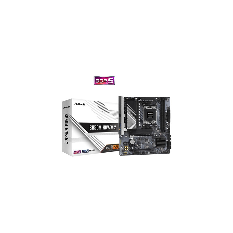 ASRock B650M-HDV/M.2 AMD AM5 Socket Motherboard  Micro-ATX  2x DDR5 Slots  3x M.2 Sockets  2x USB-C Port  Fitted I/O Shield  2.5