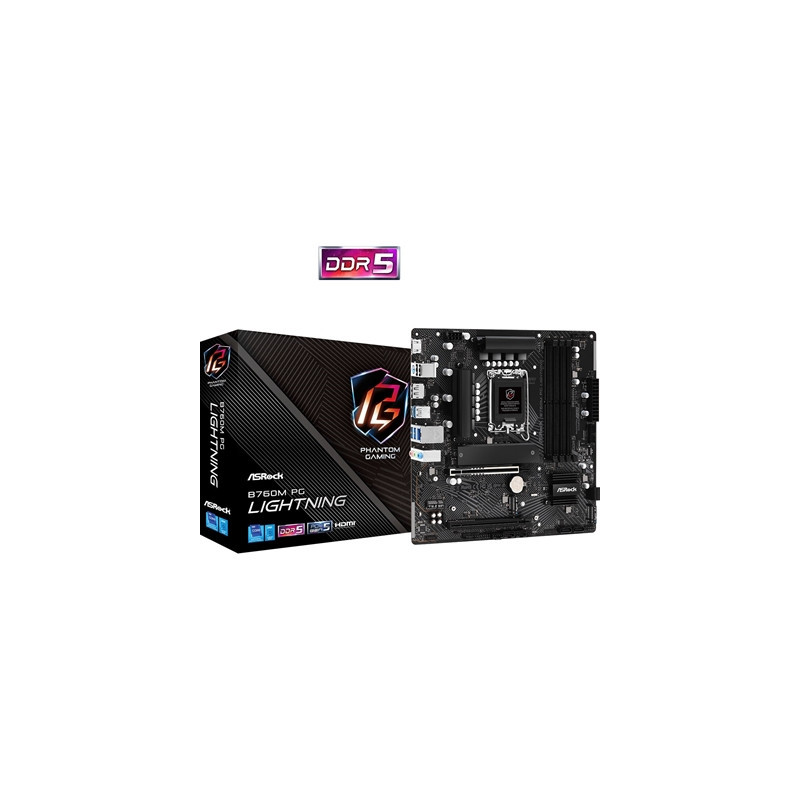 ASRock B760M PG Lightning Intel 1700 Socket Motherboard  Micro-ATX  4x DDR5 Slots  4x M.2 Sockets  1x USB-C Port  2.5GbE LAN  1x