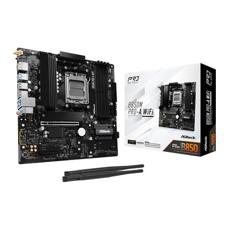 ASRock B850M Pro-A WiFi AMD AM5 Socket Motherboard  Micro-ATX  4x DDR5 Slots  3x M.2 Sockets  2x USB-C Port  2.5GbE LAN  Wi-Fi 6