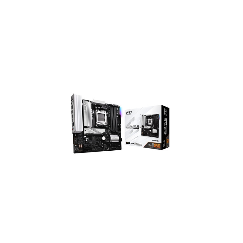 ASRock B850M Pro RS AMD AM5 Socket Motherboard  Micro-ATX  4x DDR5 Slots  3x M.2 Sockets  2x USB-C Port  Fitted I/O Shield  2.5G