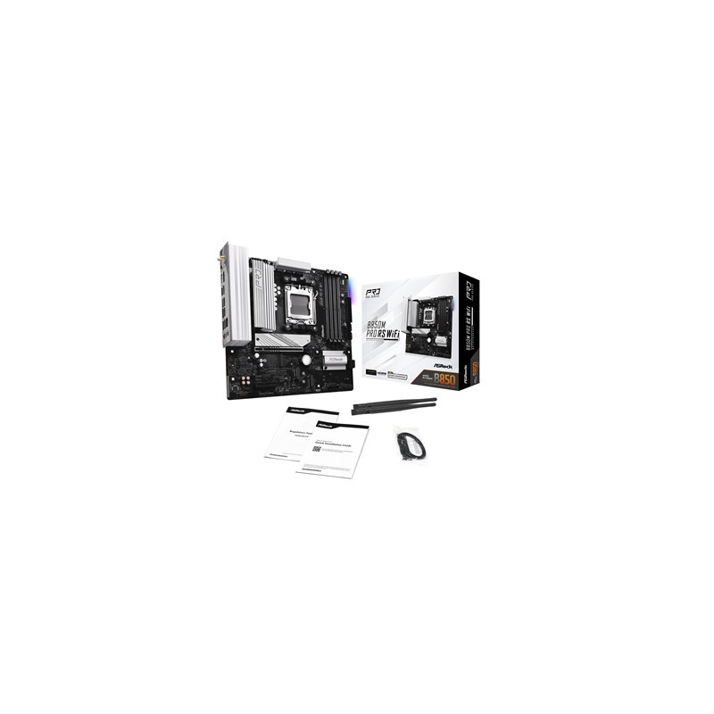 ASRock B850M Pro RS WiFi AMD AM5 Socket Motherboard  Micro-ATX  4x DDR5 Slots  3x M.2 Sockets  2x USB-C Port  Fitted I/O Shield 