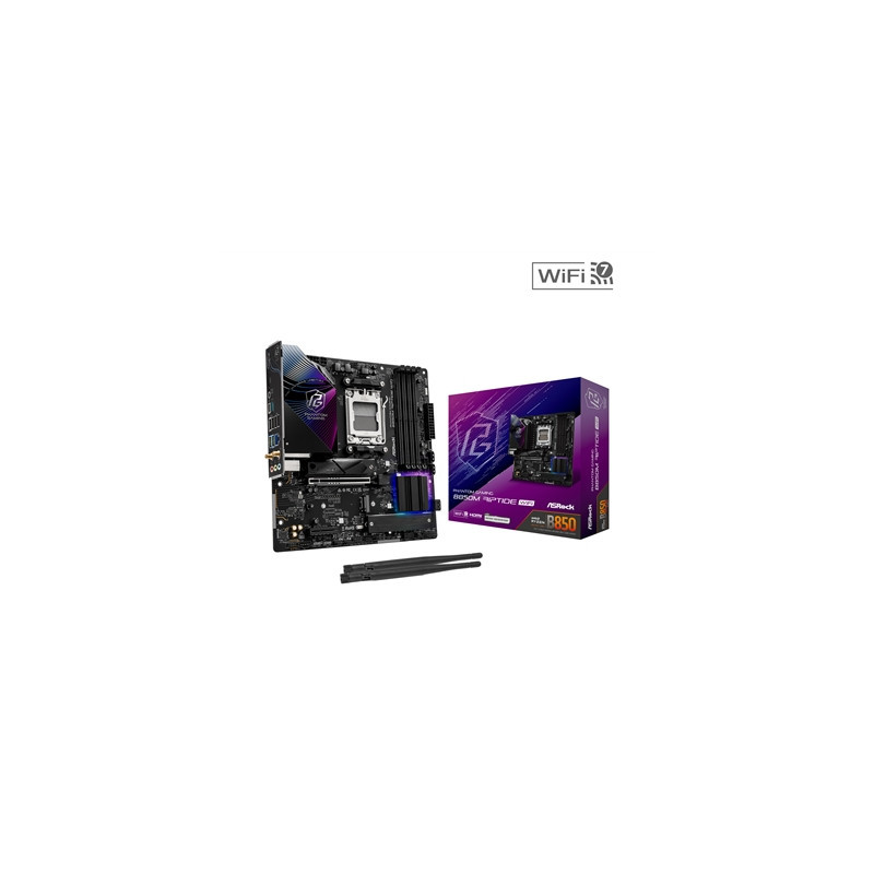 ASRock B850M Riptide WiFi PHANTOM GAMING AMD AM5 Socket Motherboard  Micro-ATX  4x DDR5 Slots  3x M.2 Sockets  2x USB-C Port  Fi