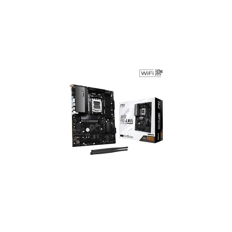 ASRock B850 Pro-A WiFi AMD AM5 Socket Motherboard  ATX  4x DDR5 Slots  4x M.2 Sockets  3x USB-C Port  2.5GbE LAN  Wi-Fi 6E  1x H