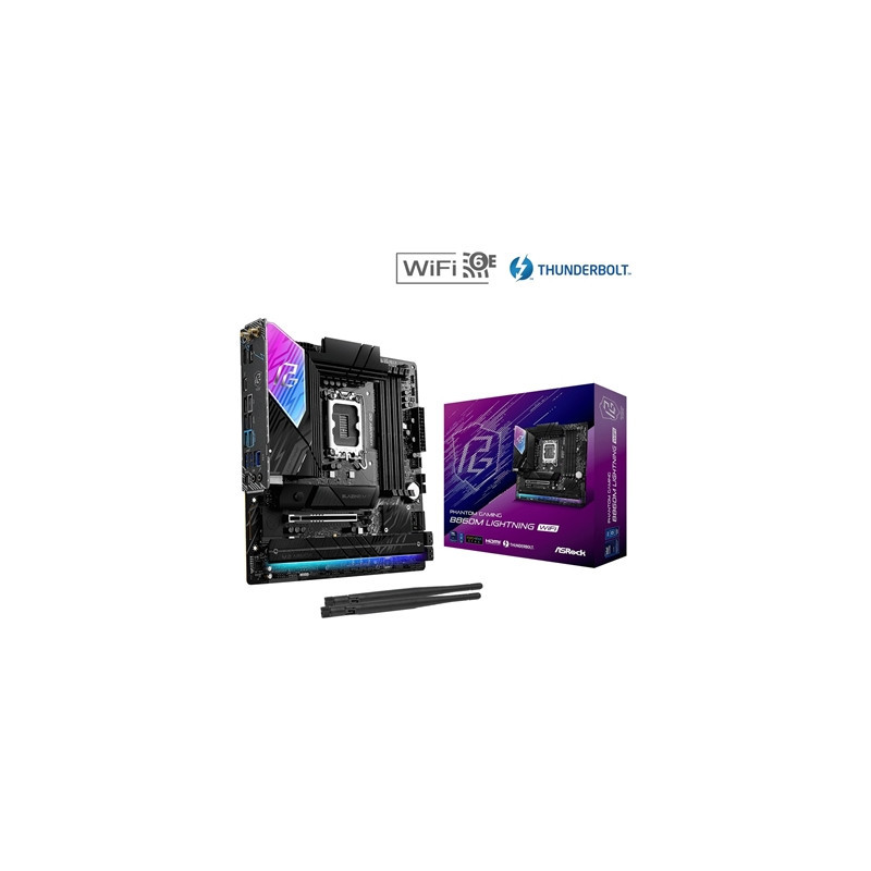 ASRock B860M Lightning WiFi PHANTOM GAMING Intel 1851 Socket Motherboard  Micro-ATX  4x DDR5 Slots  4x M.2 Sockets  2x USB-C Por