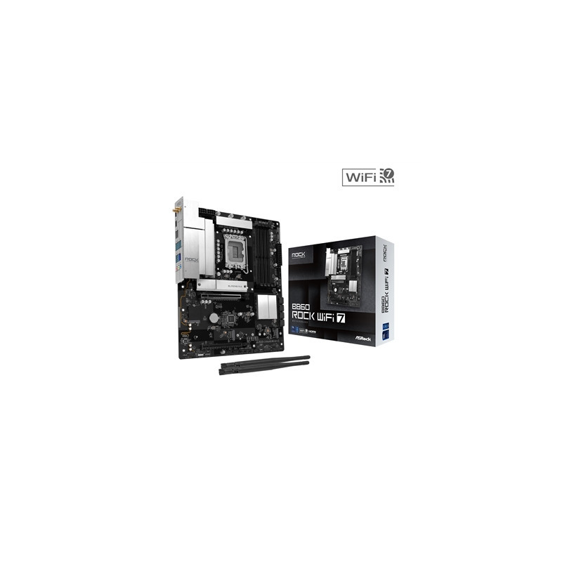 ASRock B860 Rock WiFi 7 Intel 1851 Socket Motherboard  ATX  4x DDR5 Slots  3x M.2 Socket  Fitted I/O Shield  2.5GbE LAN  Wi-Fi 7